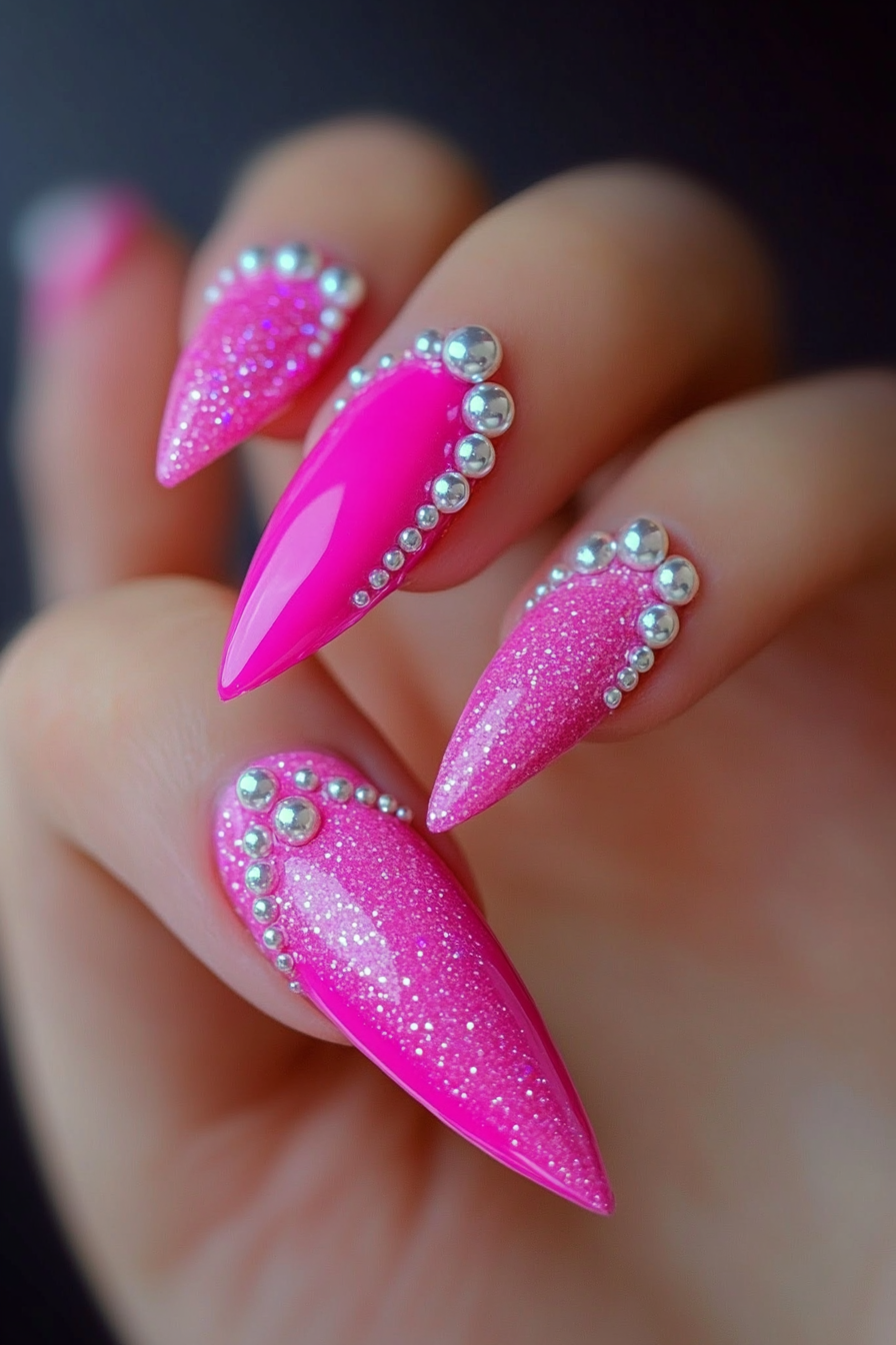 22. Pink and Pearls (Hot Pink Nail Design Ideas) - Hot Pink Nail Design Ideas