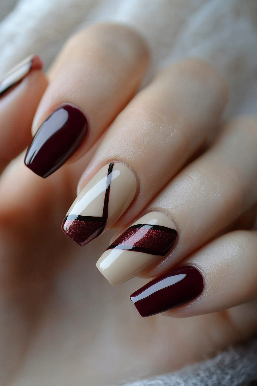 20. Deep Burgundy Accent (Pretty Nail Design Ideas) - Pretty Nail Design Ideas