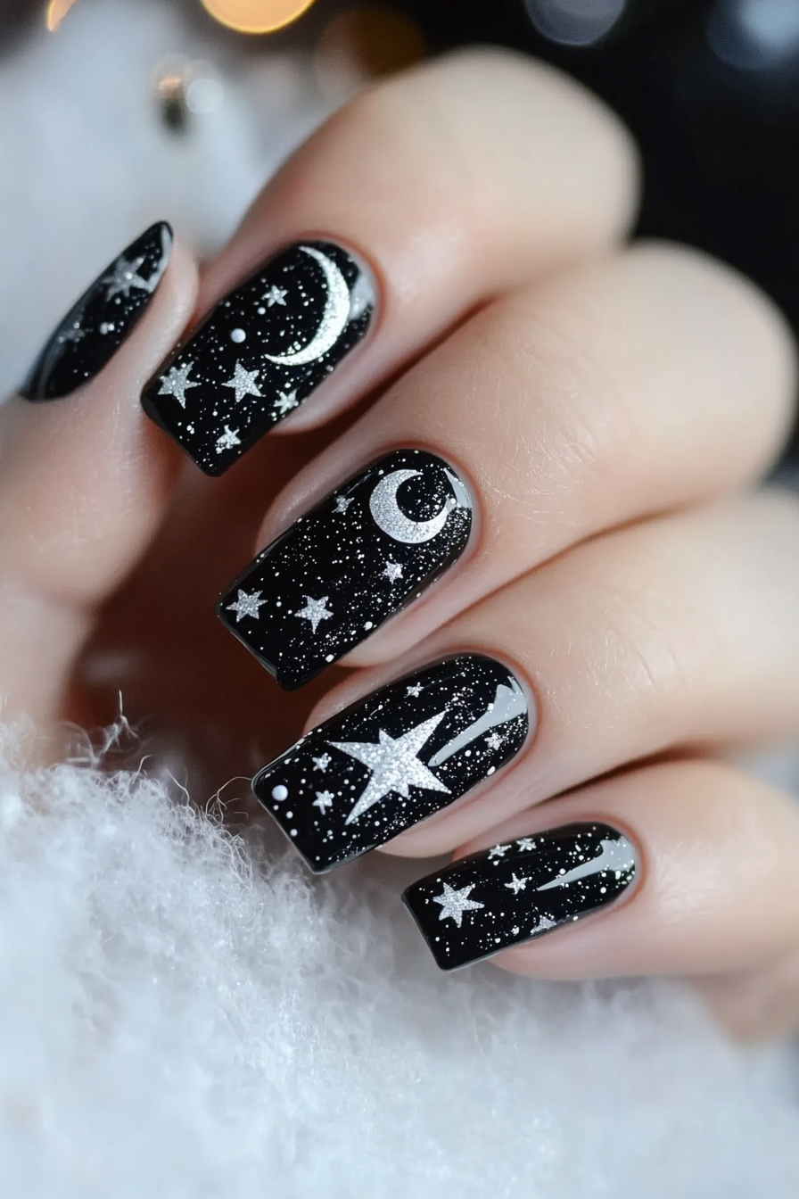 20. Silver Starry Night (Holiday Nail Design Ideas) - Holiday Nail Design Ideas